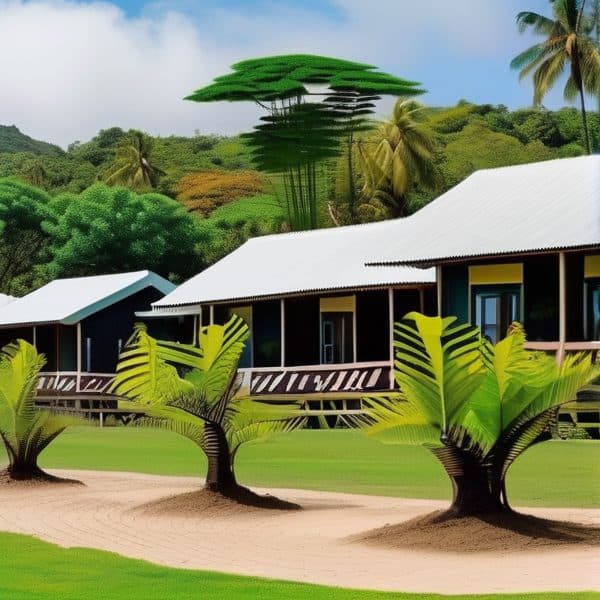 Tropical beachfront bungalows surrounded by lush greenery in Fiji.