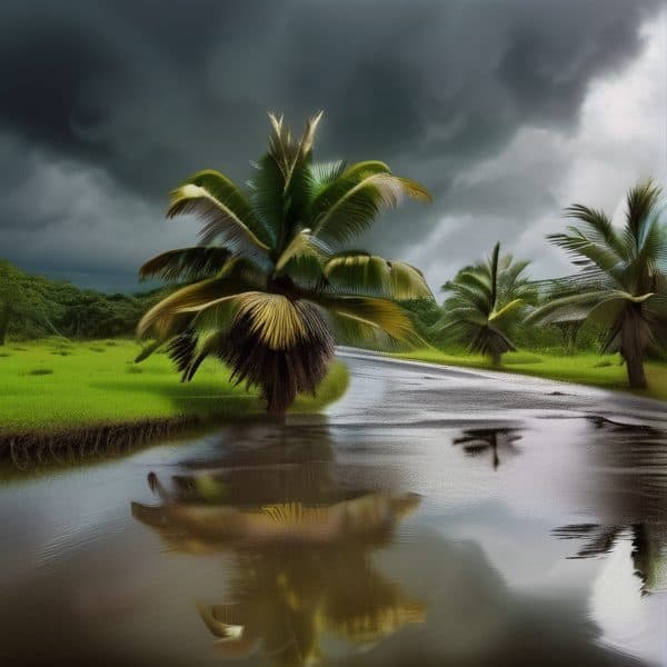 Tropical palm trees along a river with dark storm clouds overhead.