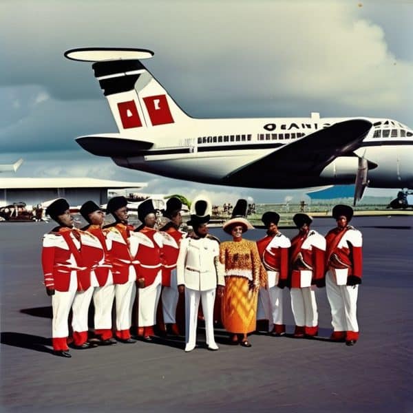 Fiji Airways crew and dignitaries at the airport with airplane in background.