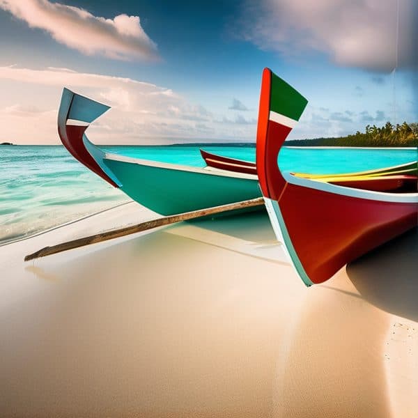 Traditional Fijian canoes on a pristine beach with turquoise waters.