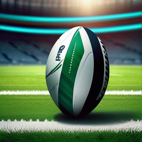 Rugby ball with Fiji logo on a stadium field, ready for a match.