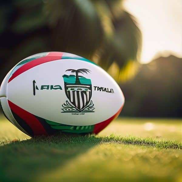 Fiji rugby ball with national emblem on a lush green field, ready for a match.
