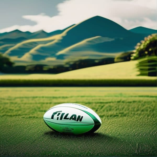 Rugby ball with FijiGlobalNews branding on a lush green field.