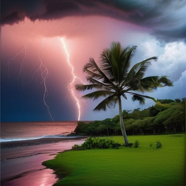 Tropical storm with lightning strikes over the ocean near a tropical beach.
