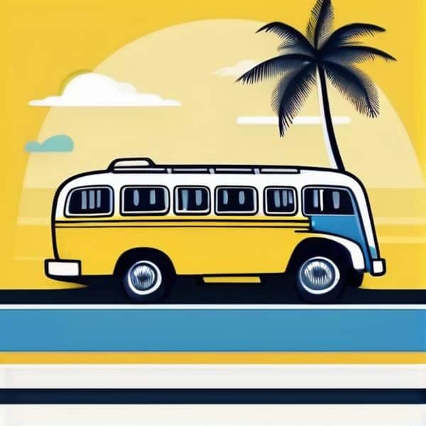 Vintage yellow bus on a tropical road with palm tree and sunset sky.