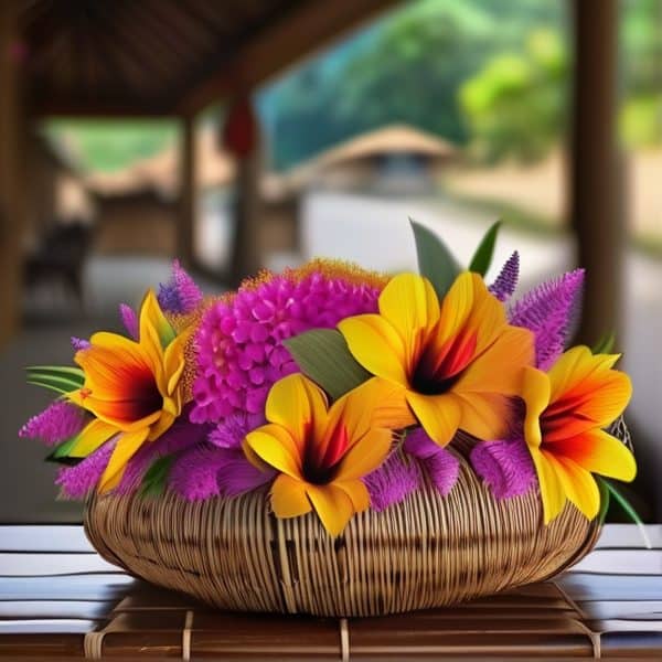 Beautiful tropical flower arrangement with vibrant lilies, dahlias, and purple accents in a woven ba.