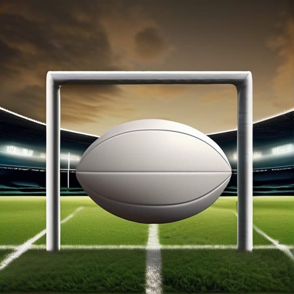 Rugby ball positioned in a goalpost on a stadium field at sunset.