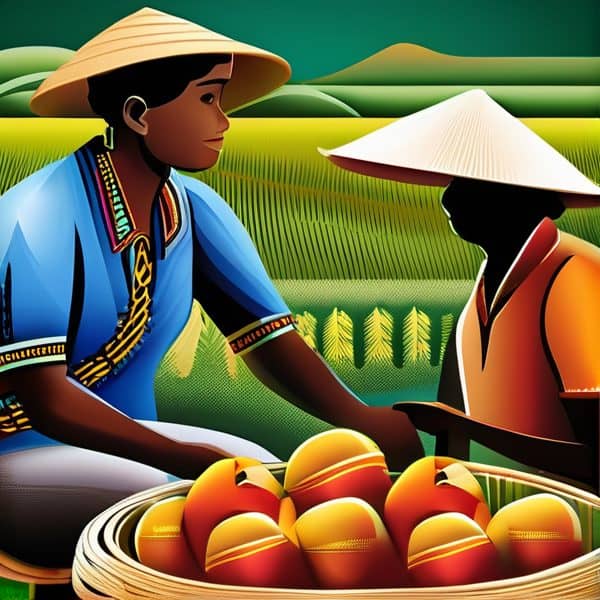 Fijian fruit vendors wearing traditional hats and clothing at a market.