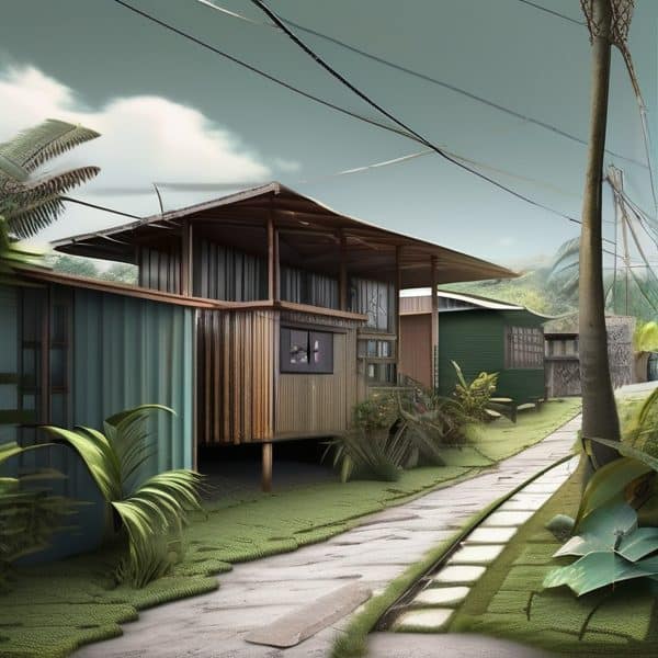 Traditional Fijian homes on stilts along the coast.