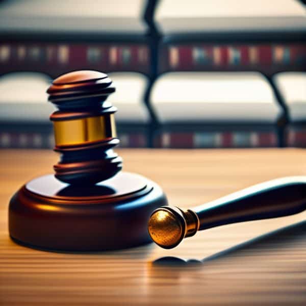 Justice gavel and law book on courtroom desk for legal proceedings.