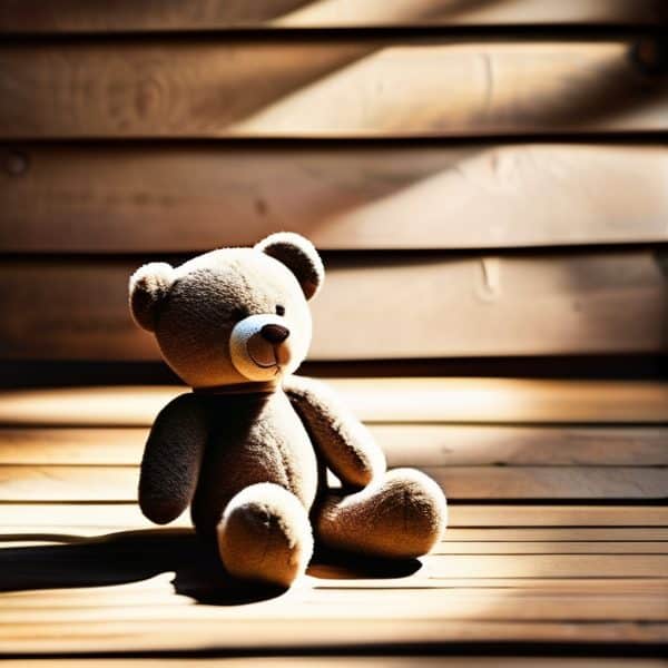Teddy bear plush toy sitting on wooden floor with soft lighting.