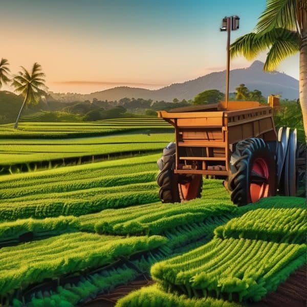 Lush green rice paddies with tractor at sunset in Fiji.