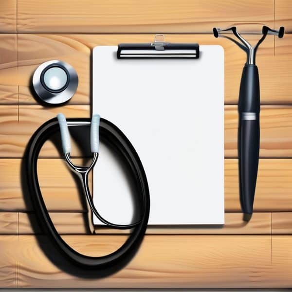 Medical examination tools on wooden surface with clipboard and stethoscope.