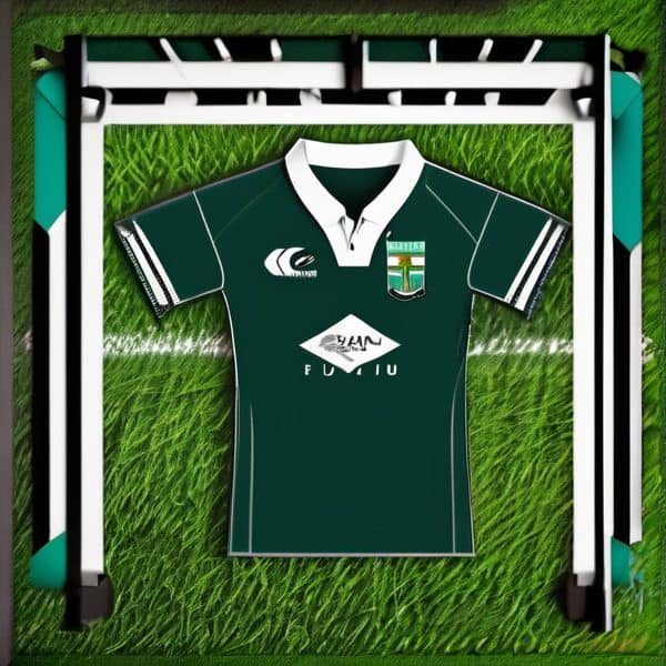 Fiji rugby jersey laid out on grass with team logo and sponsor details visible.