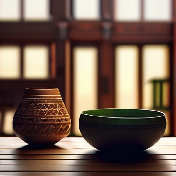 Vase and bowl on wooden table with warm backlighting and window view.
