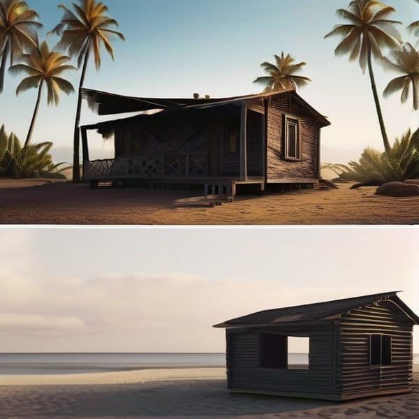 Beach huts with palm trees on a tropical island at sunset.