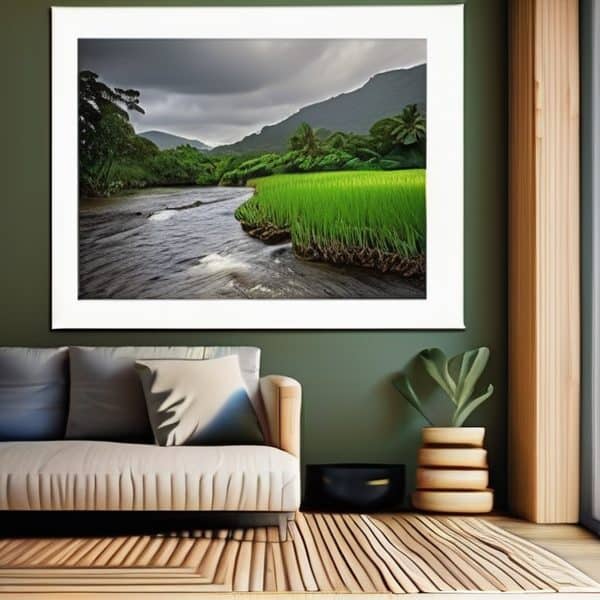 Beautiful landscape of rice paddies and river in Fiji.