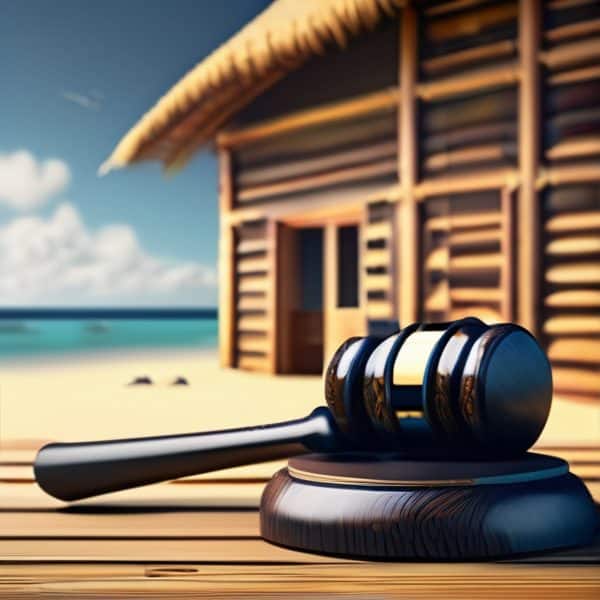 Beach hut with gavel on wooden deck, ocean view in background.