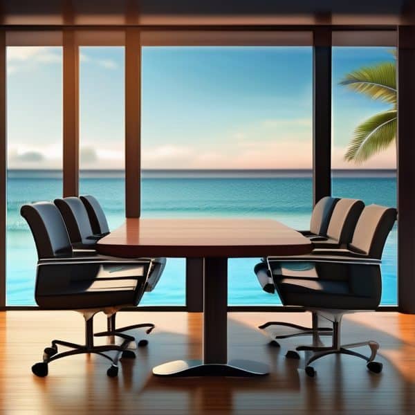 Modern conference room with ocean view and glass windows.