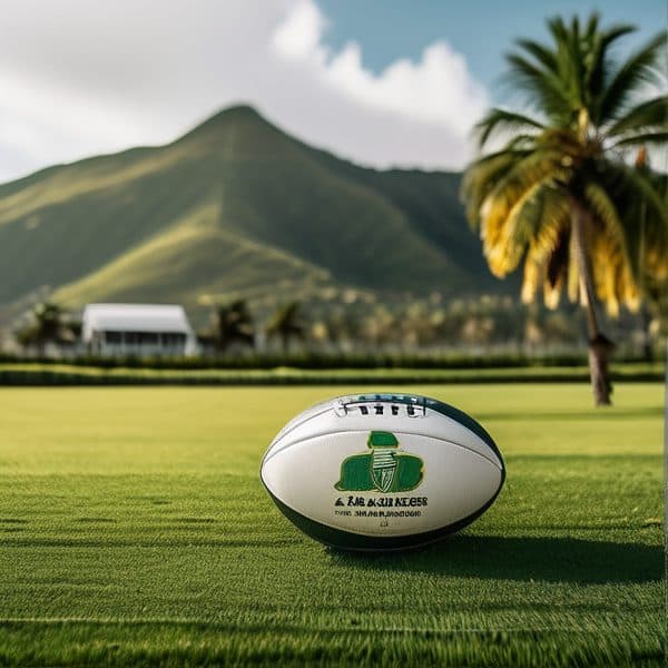 Fiji rugby ball placed on a lush green field with scenic mountain and palm trees in the background.