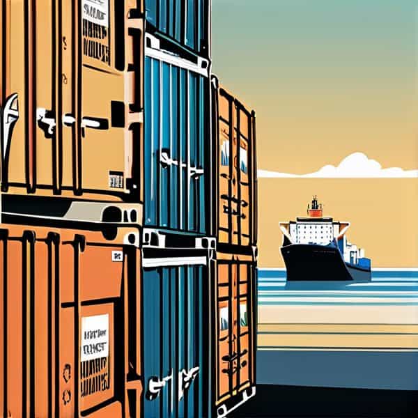 Shipping containers at a port with a cargo ship in the background.