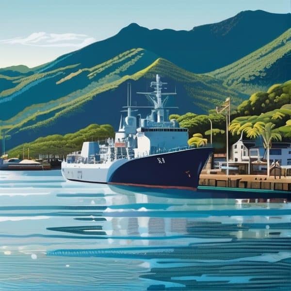 Ship docked at Fiji harbor with lush green mountains in background.