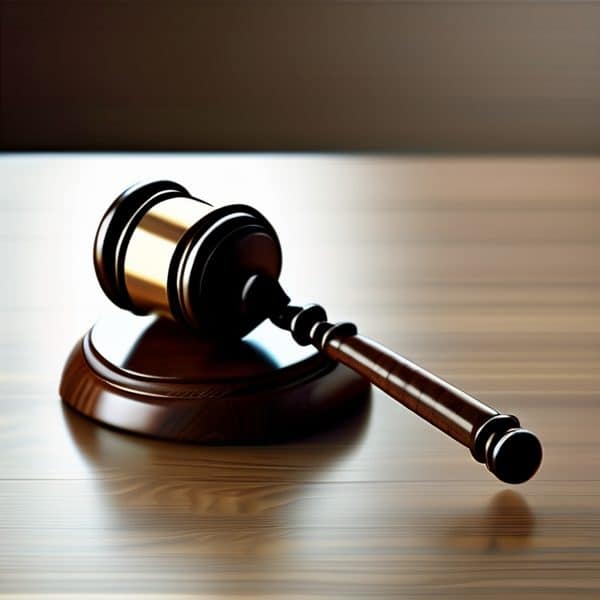 Judicial gavel and sound block on wooden court desk.