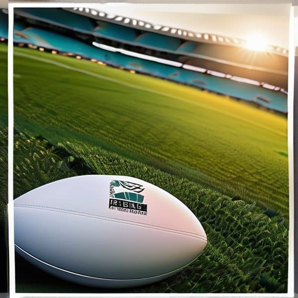 Rugby ball on the field at Fiji rugby stadium during sunset.