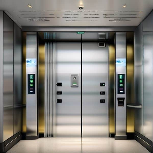 Modern stainless steel elevator doors with control panels on both sides.