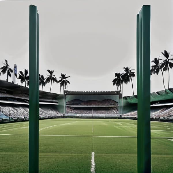 Stadium view with goalposts and palm trees in Fiji, ready for a match.
