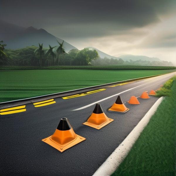 Road construction cones on a highway with scenic mountain view.