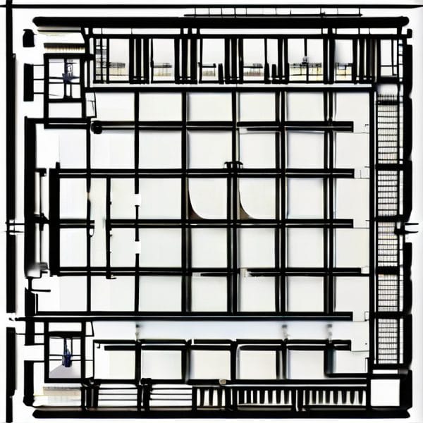 Architectural floor plan of an office building with multiple rooms and corridors.