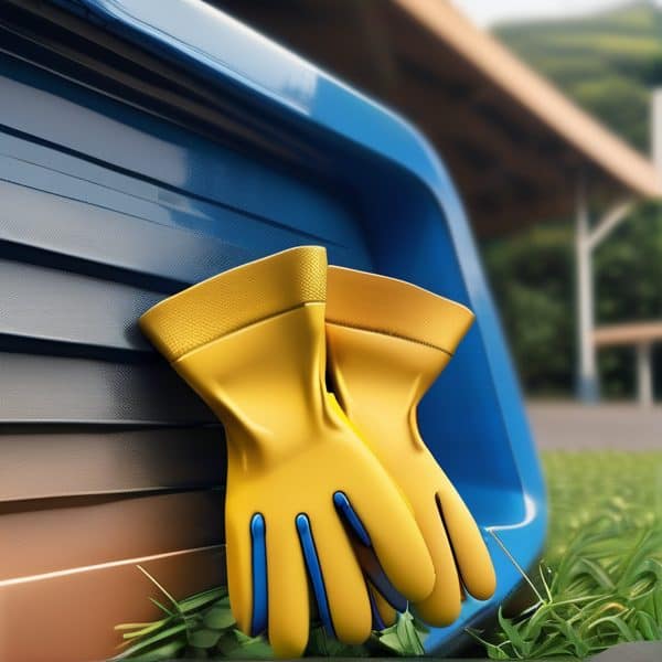 Protective gardening gloves resting on a garden tool in a lush outdoor setting.