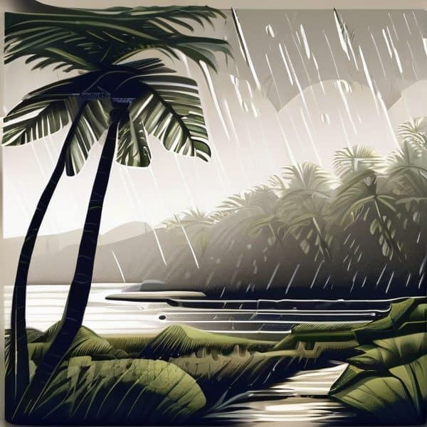Fijian coast during a tropical rainstorm with lush greenery and heavy rain.