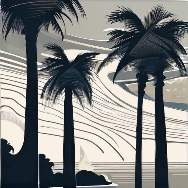 Silhouetted palm trees against a sunset sky in Fiji.