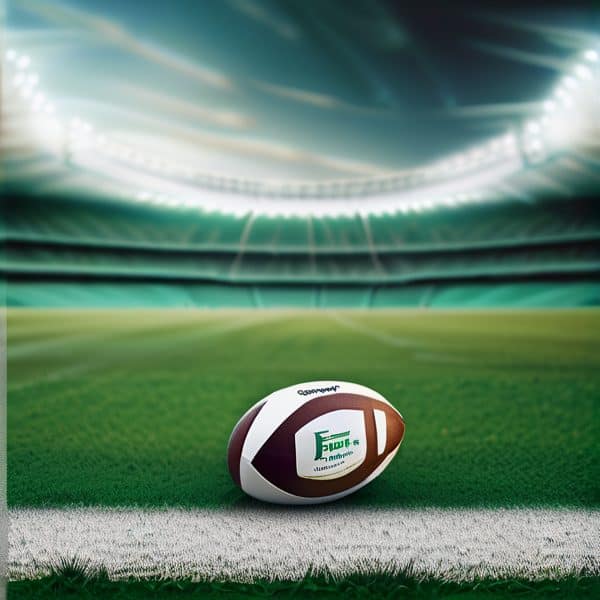 Fiji rugby ball on a stadium field ready for match action.