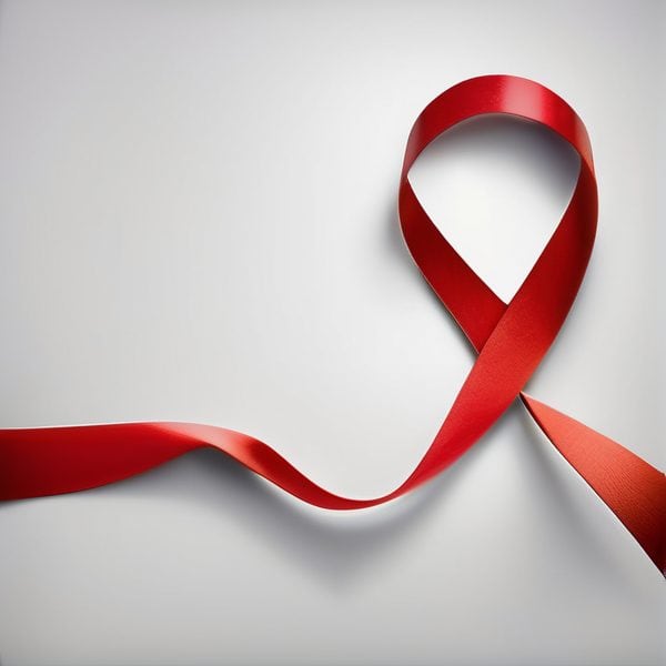 Red ribbon shaped like a heart on a white background.