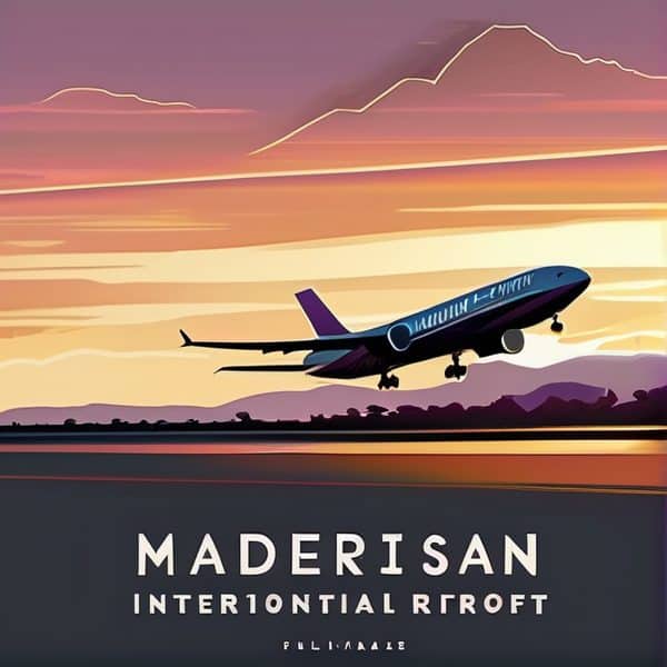 Airplane taking off at sunset with vibrant sky background.