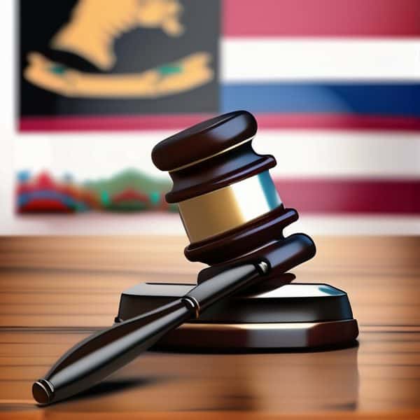 Gavel and Fiji flag on court desk for legal proceedings.