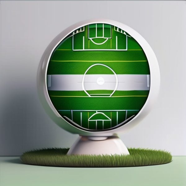 Soccer field model with a transparent top view, showcasing the layout of a football pitch.