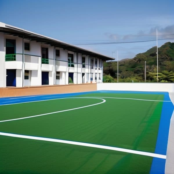 Sports court with vibrant green and blue surface in Fiji.