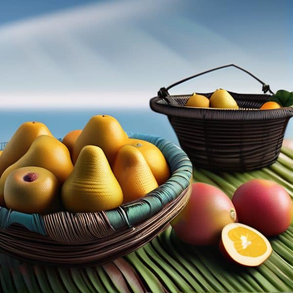 Fresh tropical fruits in baskets on a green mat, vibrant and healthy.