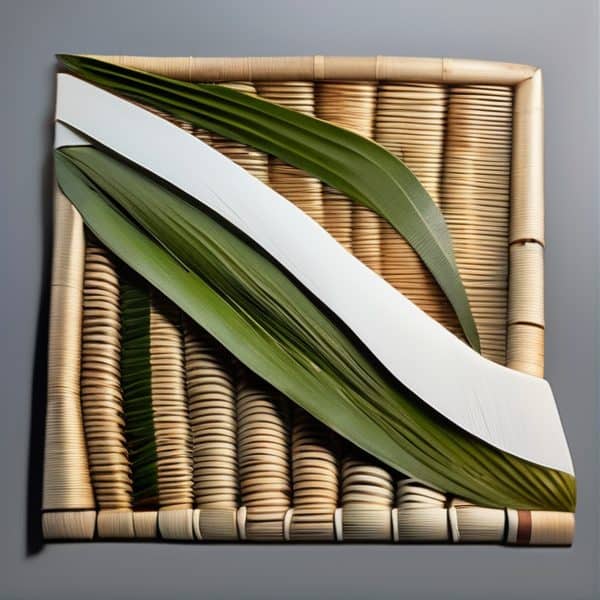 Tropical leaves arranged on a woven bamboo tray, showcasing natural Fijian decor and lush greenery.