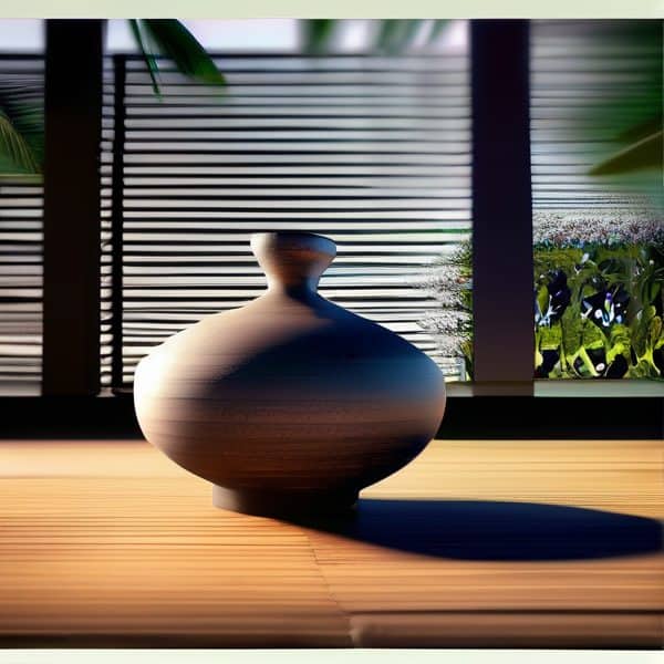 Vase in a modern interior with sunlight and greenery outside the window.