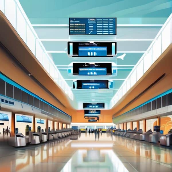 Modern airport terminal with digital flight information displays.