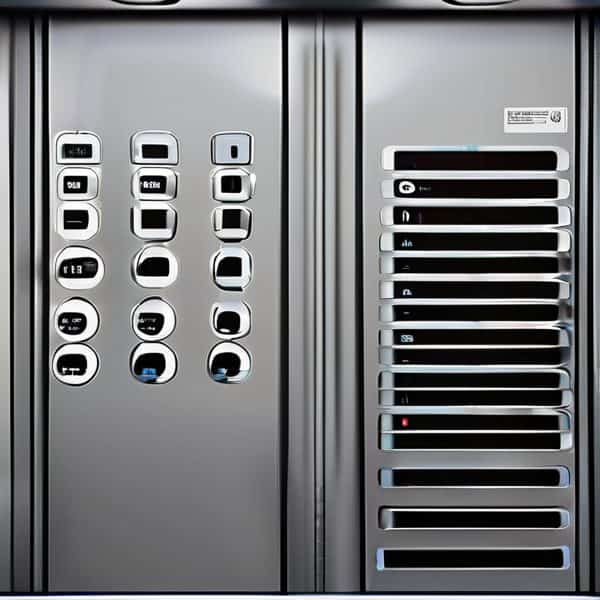 Server rack with network and server equipment in a data center.