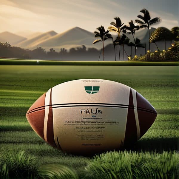 Rugby ball on grass field with tropical trees and mountains in background.