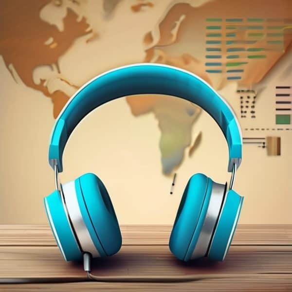 Modern blue headphones on wooden table with world map background.