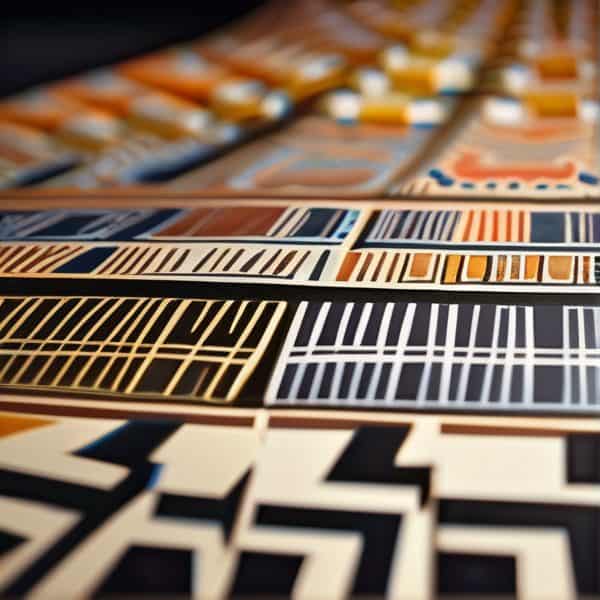 Close-up of various paint color swatches arranged in a pattern for interior design.