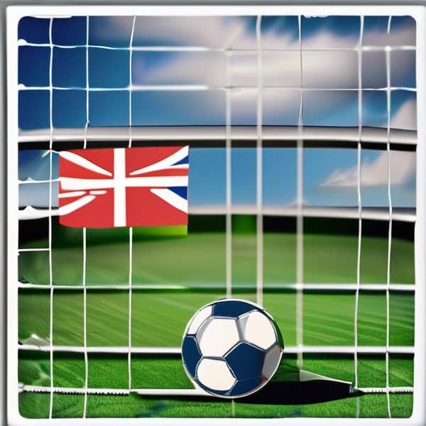 Soccer goal with Fiji flag on a green field under blue sky.